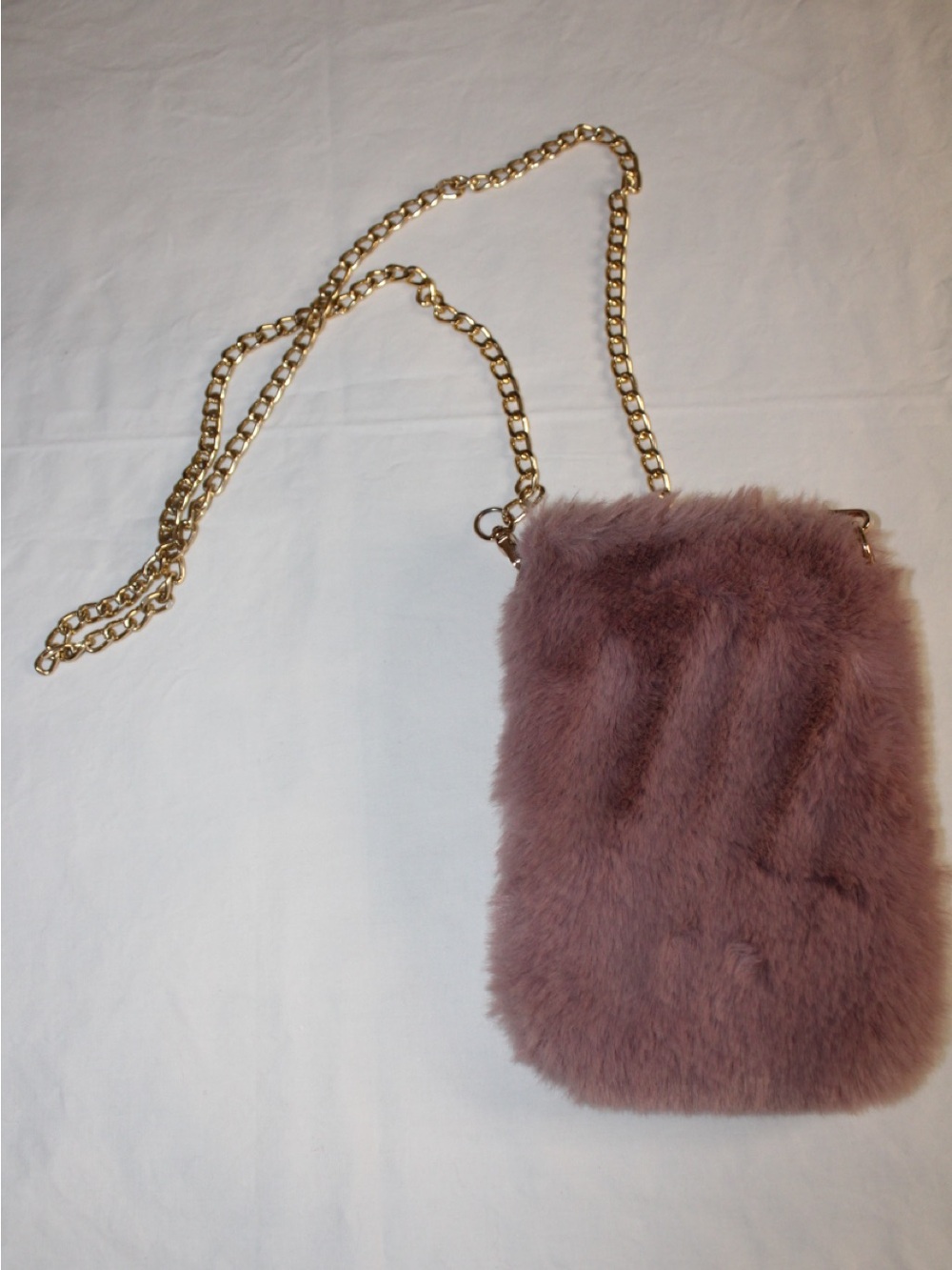 Faux Fur Crossbody Bag in Dusty Mauve with Gold Chain